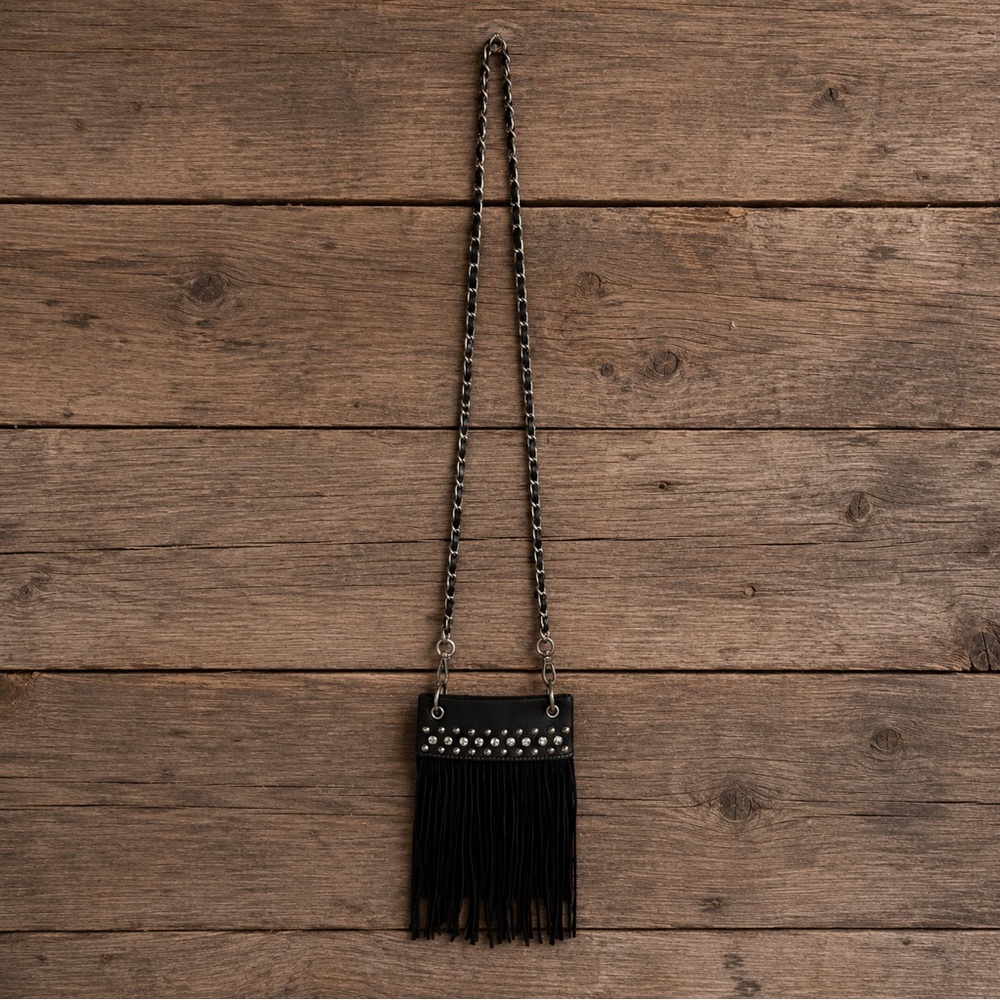 Western Fringe Crossbody Bag Black Silver Chain Rhinestone Studded Boho Purse - Picture 4 of 12